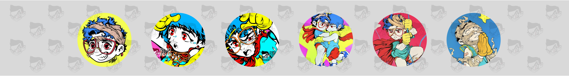 Six colorful, cartoon-style portraits of expressive faces, each inside an oval with a different background color, arranged horizontally on a light gray background with faint repeating logo patterns.