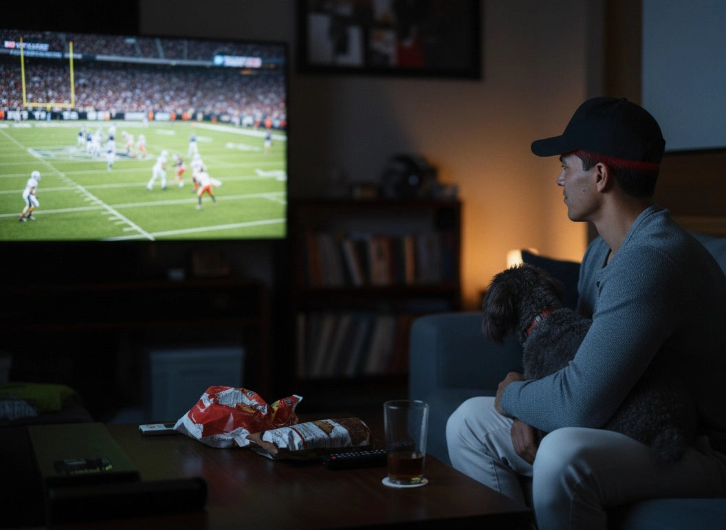 A man wearing a cap sits on a sofa with a dog on his lap, watching an American football game on TV. Snack bags, a remote, and a drink are on the table in front of him. The room is dimly lit and cozy.