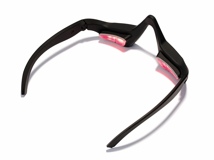 A pair of black, futuristic-looking glasses with pink-red glowing lights on the inner side of the frames, shown on a white background.