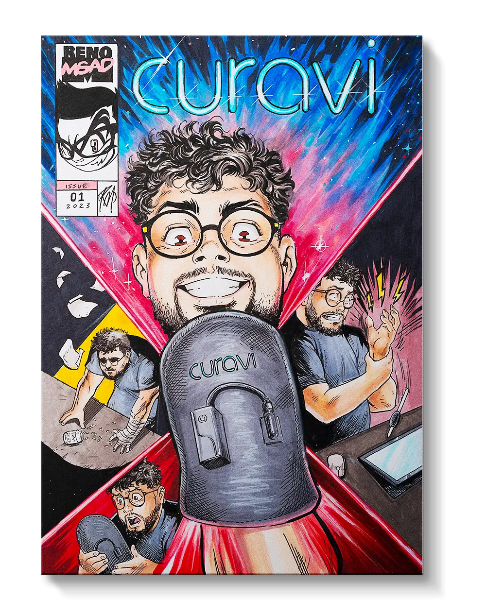 Comic book cover showing a man with glasses excitedly looking at a device labeled Curavi. The background features vibrant, dynamic colors, and action scenes of the man using the device and working at a desk.