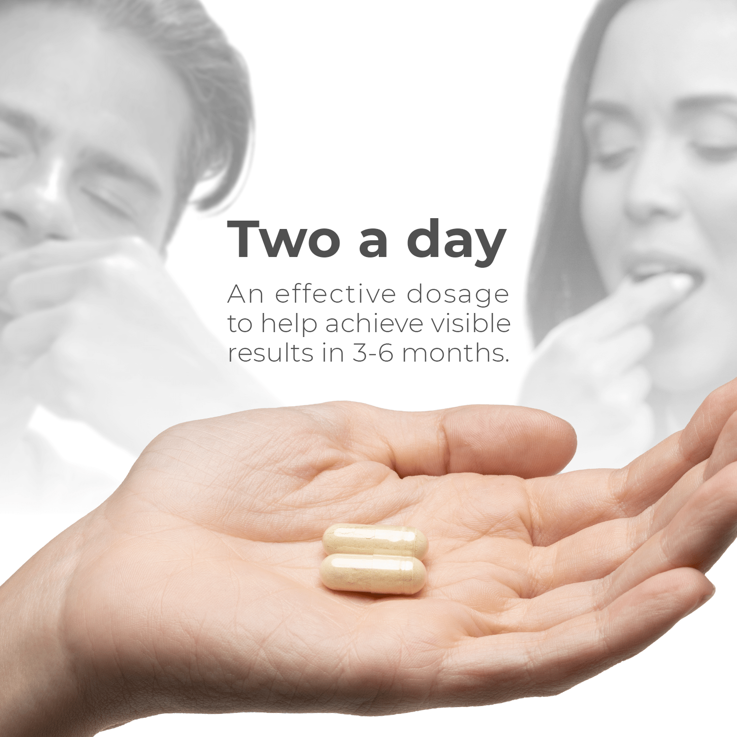 A hand holds two Capillus Hair Supplement Refill capsules with text reading "Two a day—an effective dosage to help stimulate hair and achieve visible results in 3-6 months." Blurred behind, a man and woman take capsules. Suitable for both women and men.