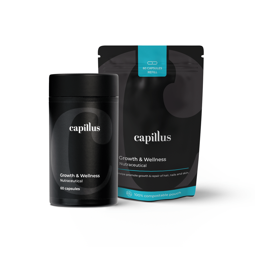 Capillus Hair Supplement Refill by Capillus: black bottle (Growth & Wellness Nutraceutical, 60 capsules) and matching refill pouch with turquoise band, on white background—formulated to stimulate and strengthen hair for men and women.