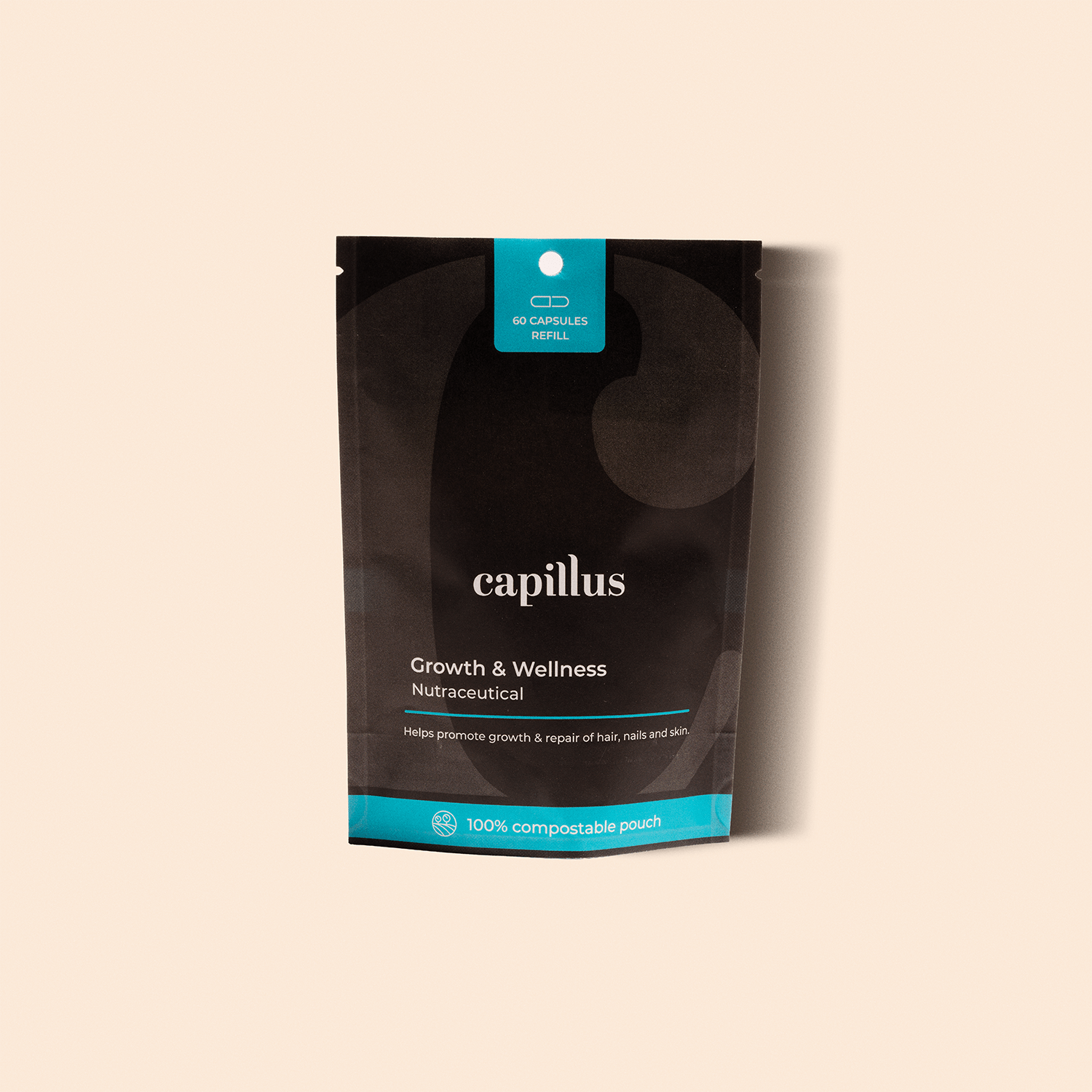 A black and teal resealable Capillus Hair Supplement Refill pouch contains 60 capsules to strengthen hair for women and men, featuring a blue banner stating 100% compostable pouch.