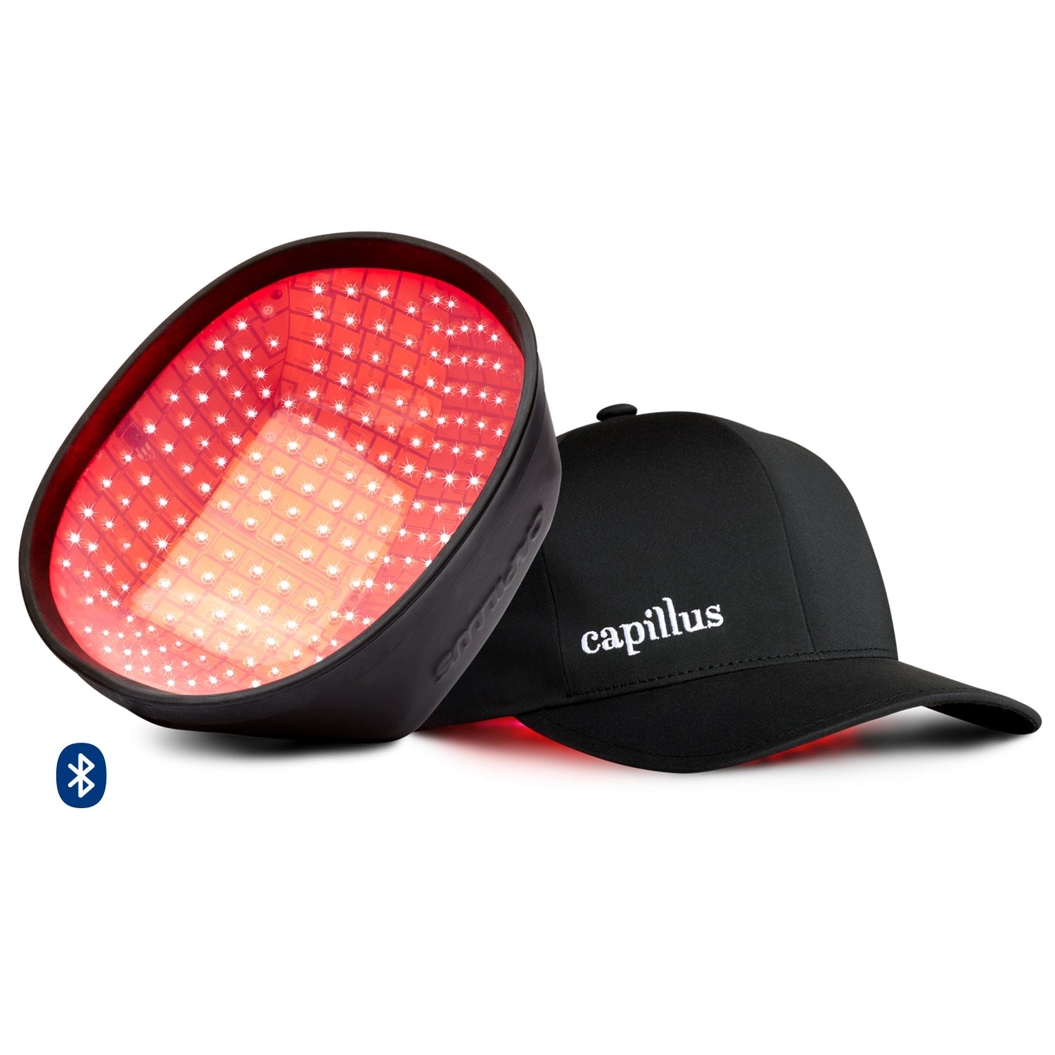 The Capillus PRO S1 by Capillus is a black hat featuring a removable inner dome lined with medical-grade laser diodes for hair regrowth. A Bluetooth symbol appears next to the hat.