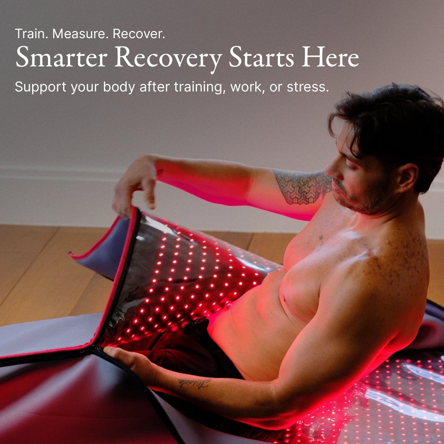 A man wraps a glowing Healing Pod × WHOOP MG Life by Capillus around his torso. Text: Train. Measure. Recover. Smarter Recovery Starts Here. Support full-body recovery after training, work, or stress.