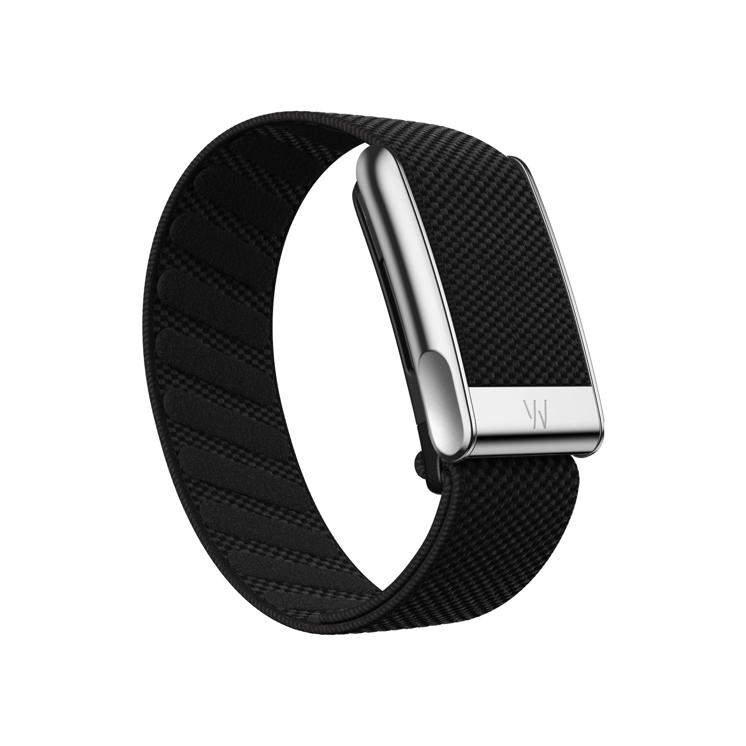 The Capillus Healing Pod × WHOOP MG Life is a sleek, modern wearable with a black textured band and silver rectangular face, featuring advanced biometric tracking, shown angled on a white background.