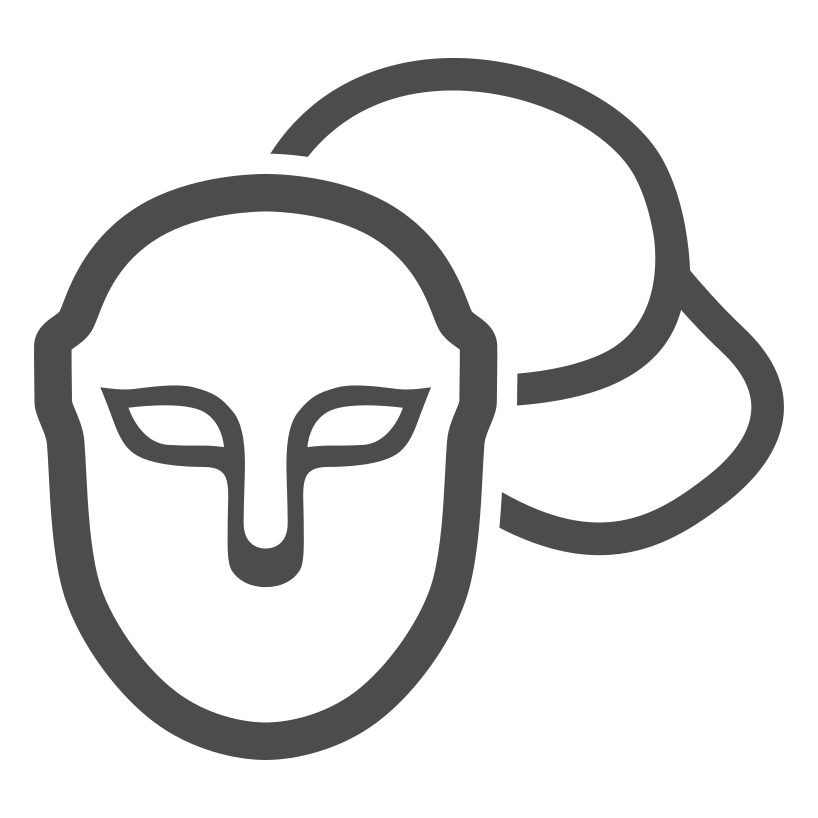 Two simple, stylized theatre masks in black outline, one in front representing drama with a neutral expression, and one behind it, partially overlapping.