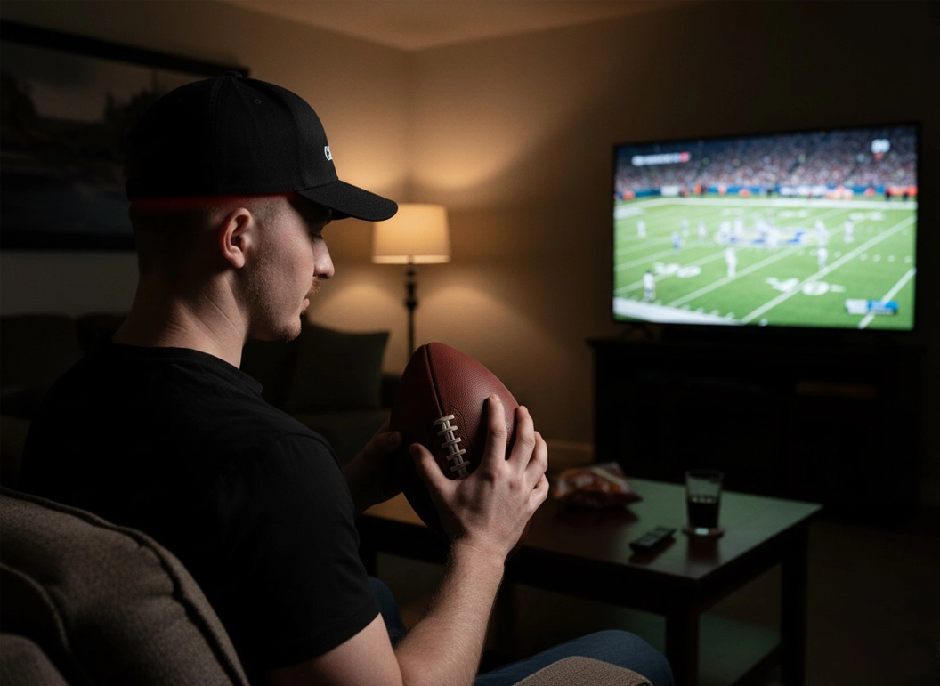 A man in a black cap and shirt sits on a couch holding a football, watching an American football game on a television in a dimly lit living room.