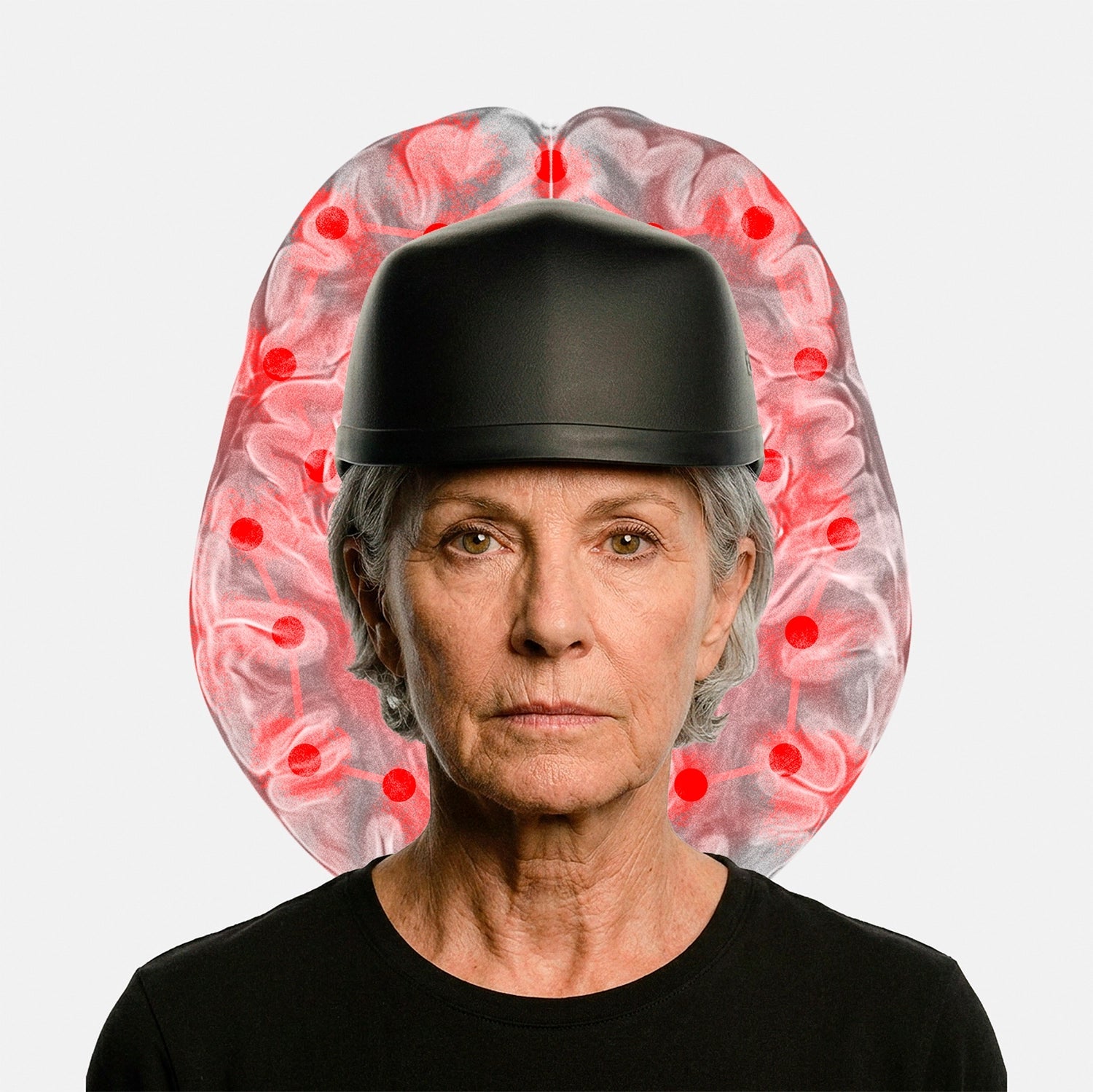 An older woman wearing a black helmet stares forward, with a digital brain image behind her, symbolizing how Capillus Neuro by Capillus uses red and near-infrared light therapy to support brain health and cognitive performance.