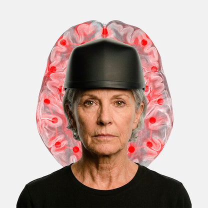 An older woman wearing a black helmet stares forward, with a digital brain image behind her, symbolizing how Capillus Neuro by Capillus uses red and near-infrared light therapy to support brain health and cognitive performance.