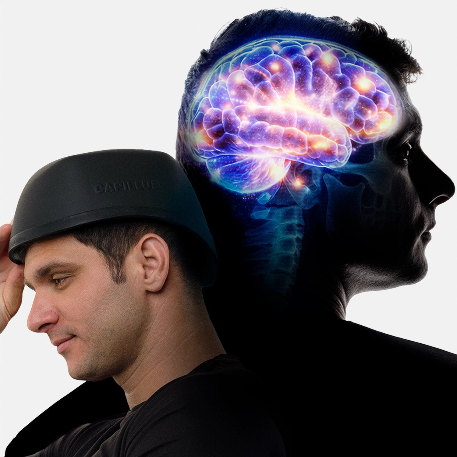 A man in a black Capillus Neuro cap faces left, his silhouette right, with a glowing, colorful brain and skull illustration—symbolizing Capillus photobiomodulation boosting cognitive performance—superimposed on a white background.
