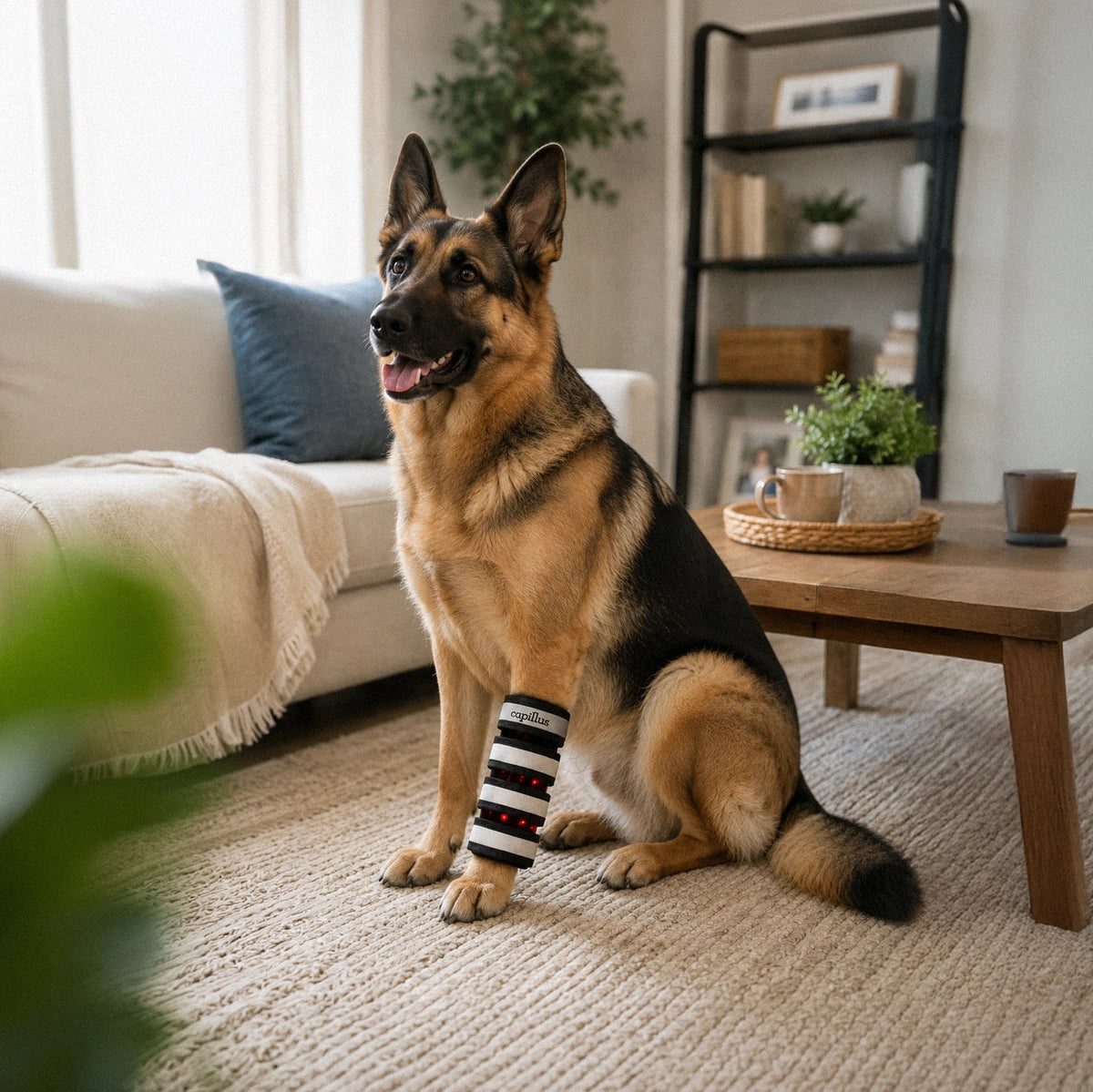 A German Shepherd sits on a rug in a cozy living room, wearing a black and white Capillus Pet Joint Wrap by Capillus, designed for canine joint pain relief. A coffee table, couch, and plants are visible in the background.