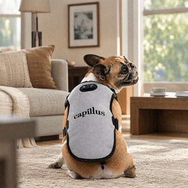 A French Bulldog sits on a rug in a living room, wearing the Capillus Pet Vest from Capillus, and looks back toward the camera as sunlight streams through large windows in the background.