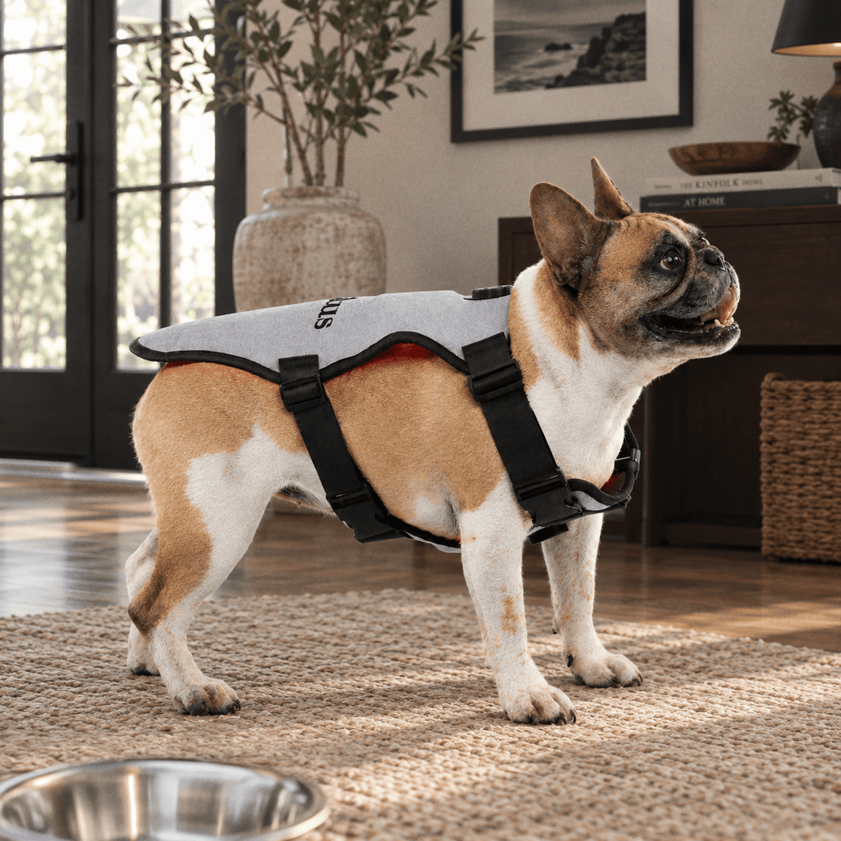 A French Bulldog wearing a Capillus Pet Vest by Capillus in gray stands on a woven rug in a living room, with a metal dog bowl in the foreground and natural light streaming through glass doors.