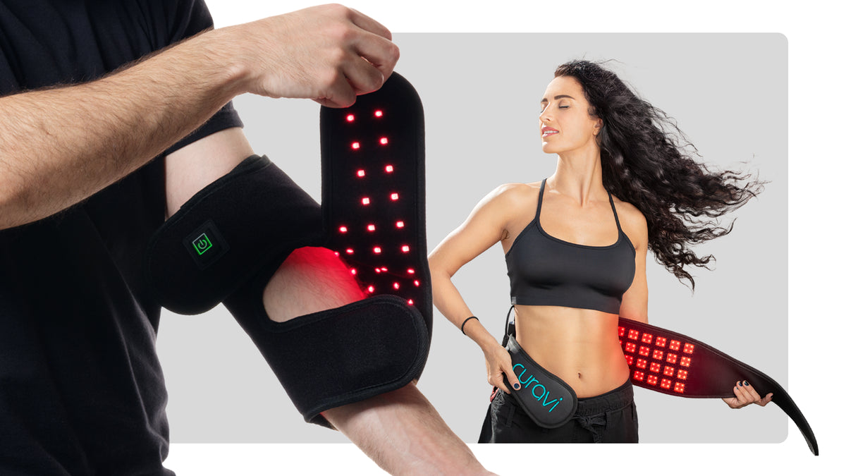 A person wearing a black light therapy wrap on their elbow and another person in athletic wear using a similar red light therapy belt on their abdomen. Both devices emit visible red LED lights.