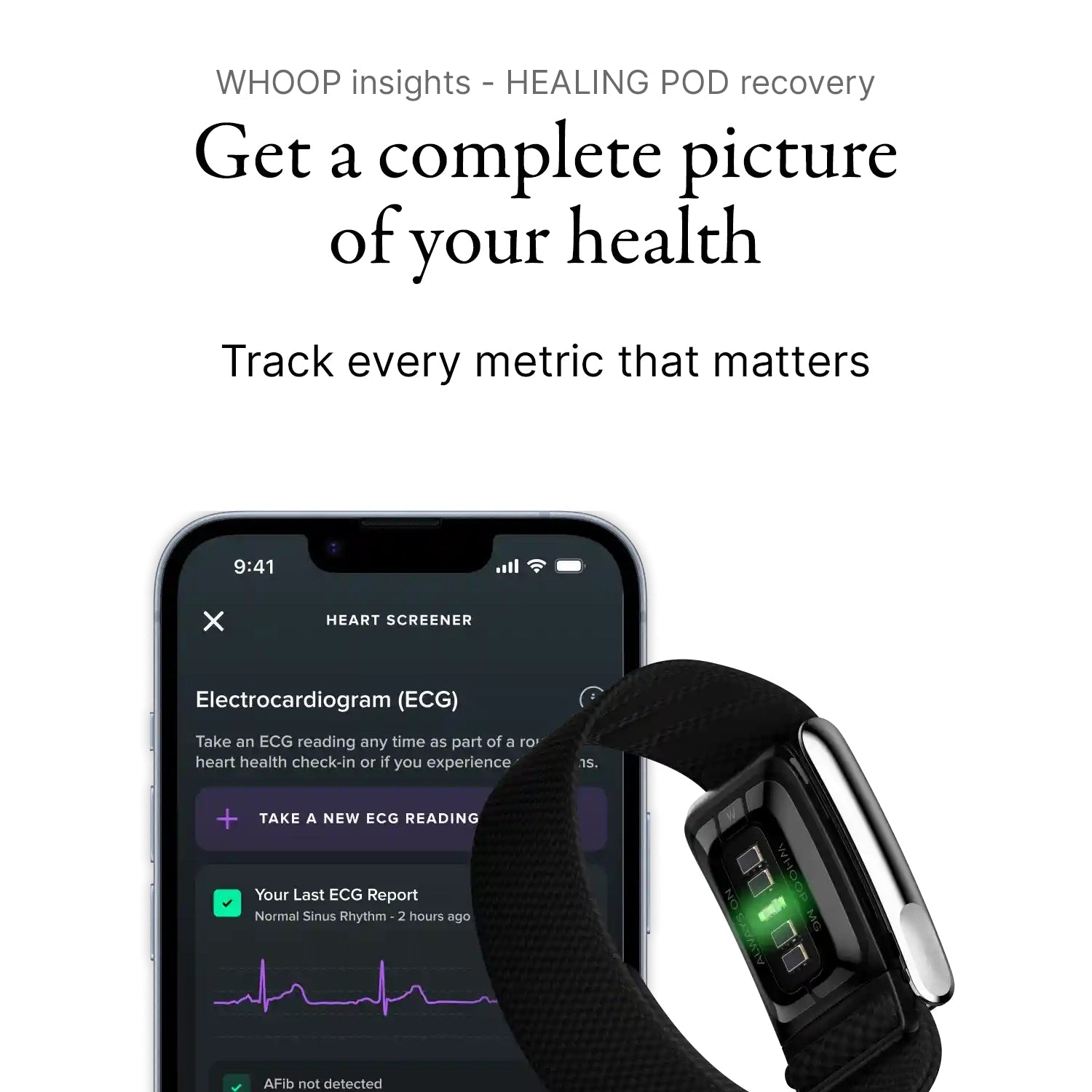 A smartphone displays an ECG report on a health app, with a Healing Pod × WHOOP MG Life tracker by Capillus showing green sensor lights beside it. Text reads: Get advanced biometric data—track every health metric that matters.