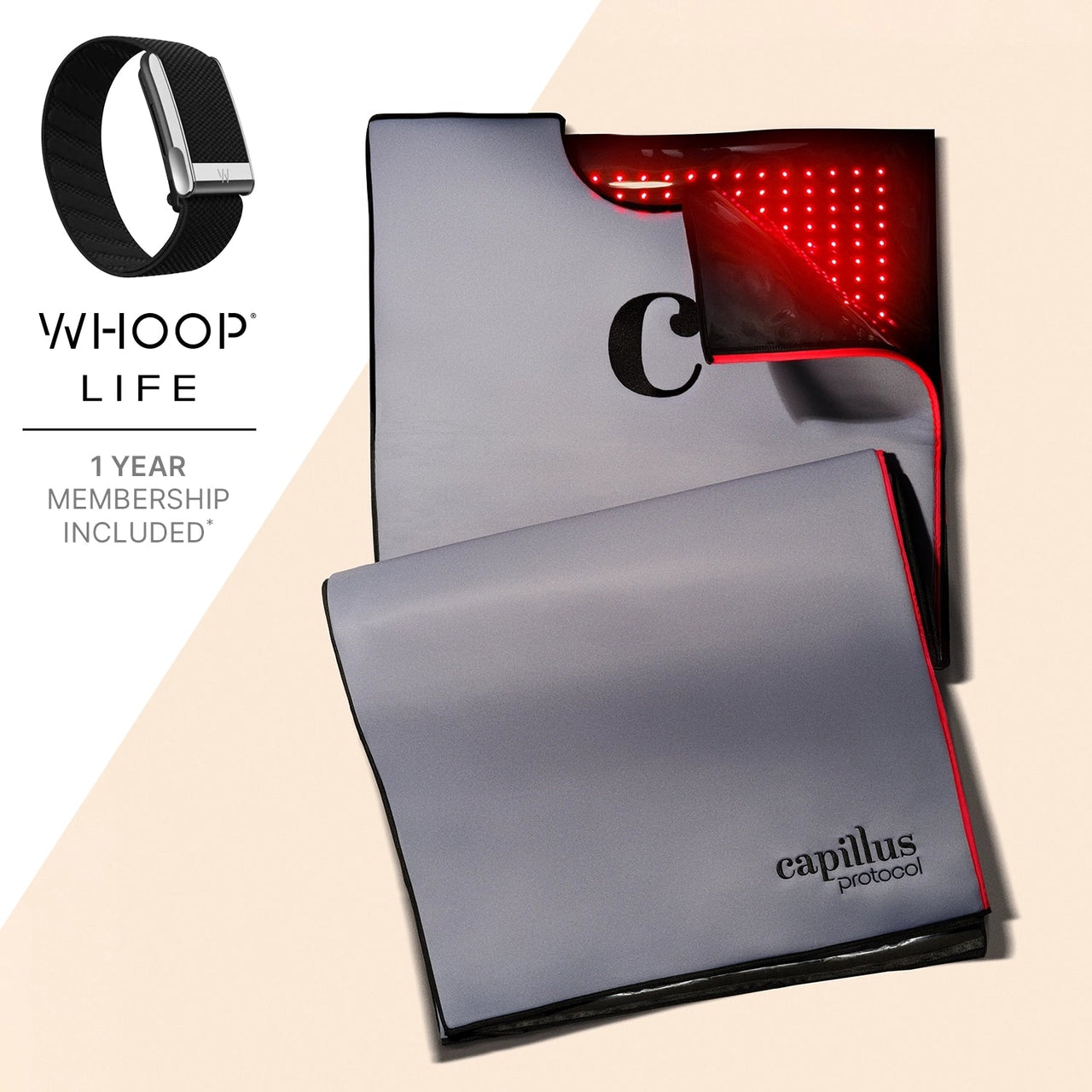The Capillus Healing Pod × WHOOP MG Life, a gray red light therapy wrap with red LEDs, is shown beside a black WHOOP fitness band. Includes WHOOP Life 1 Year Membership.
