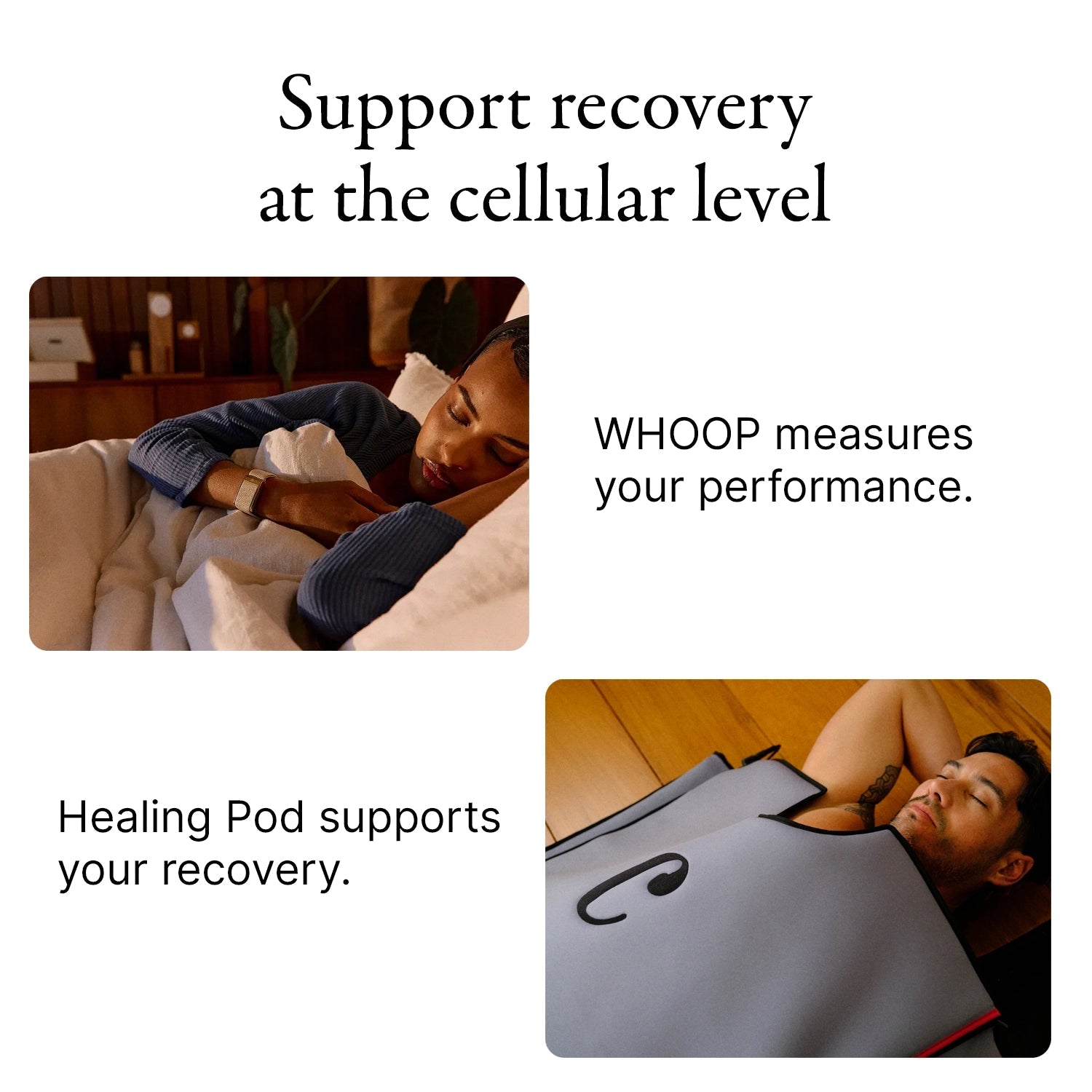 A woman sleeps wearing a Healing Pod × WHOOP MG Life by Capillus for biometric tracking, while a man relaxes in another pod. Text: Support recovery at the cellular level. Healing Pod × WHOOP MG Life measures and supports your recovery.