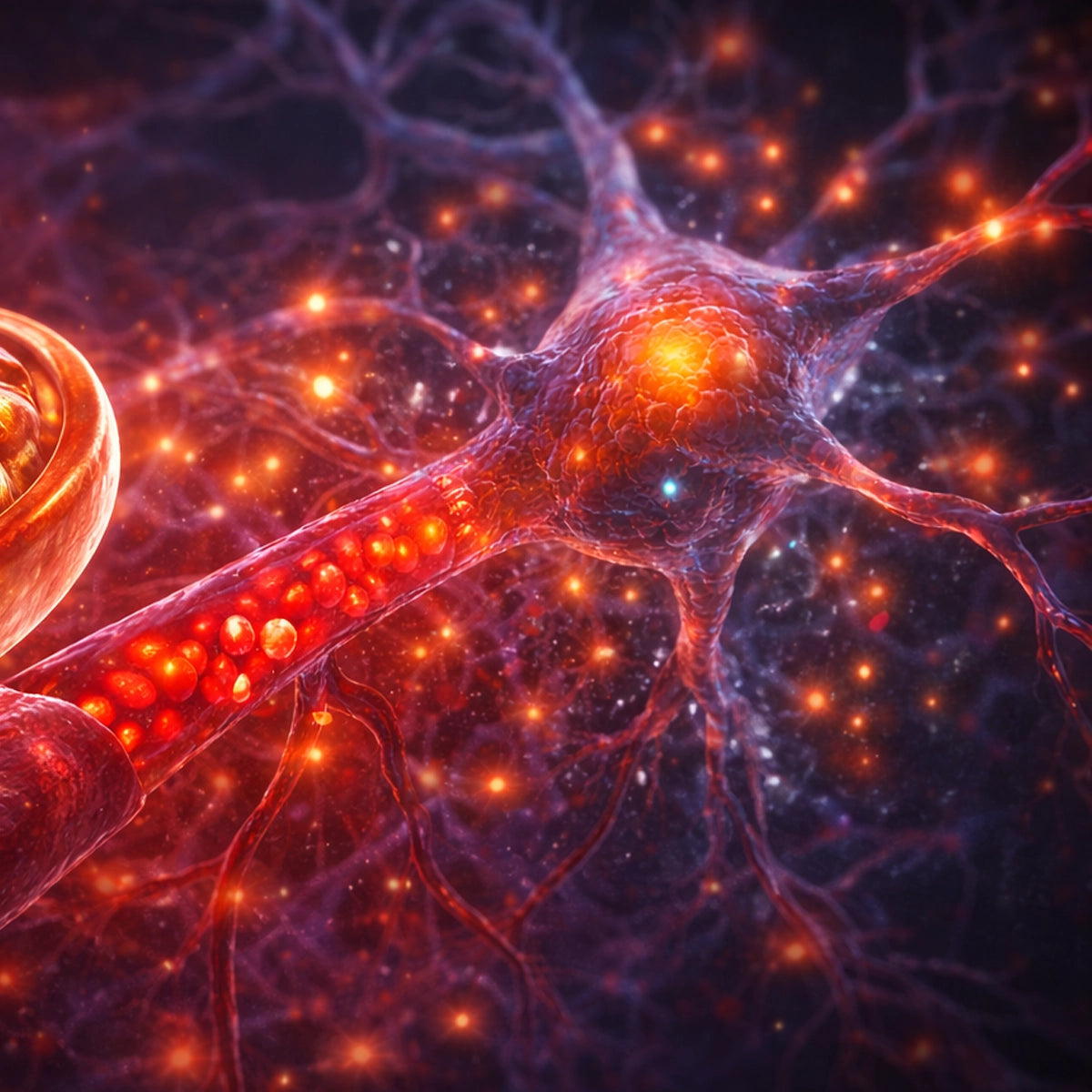 A close-up illustration of a neuron with a glowing cell body, dendrites, and an axon showing neurotransmitter vesicles, set against a dark background with interconnected neural networks.