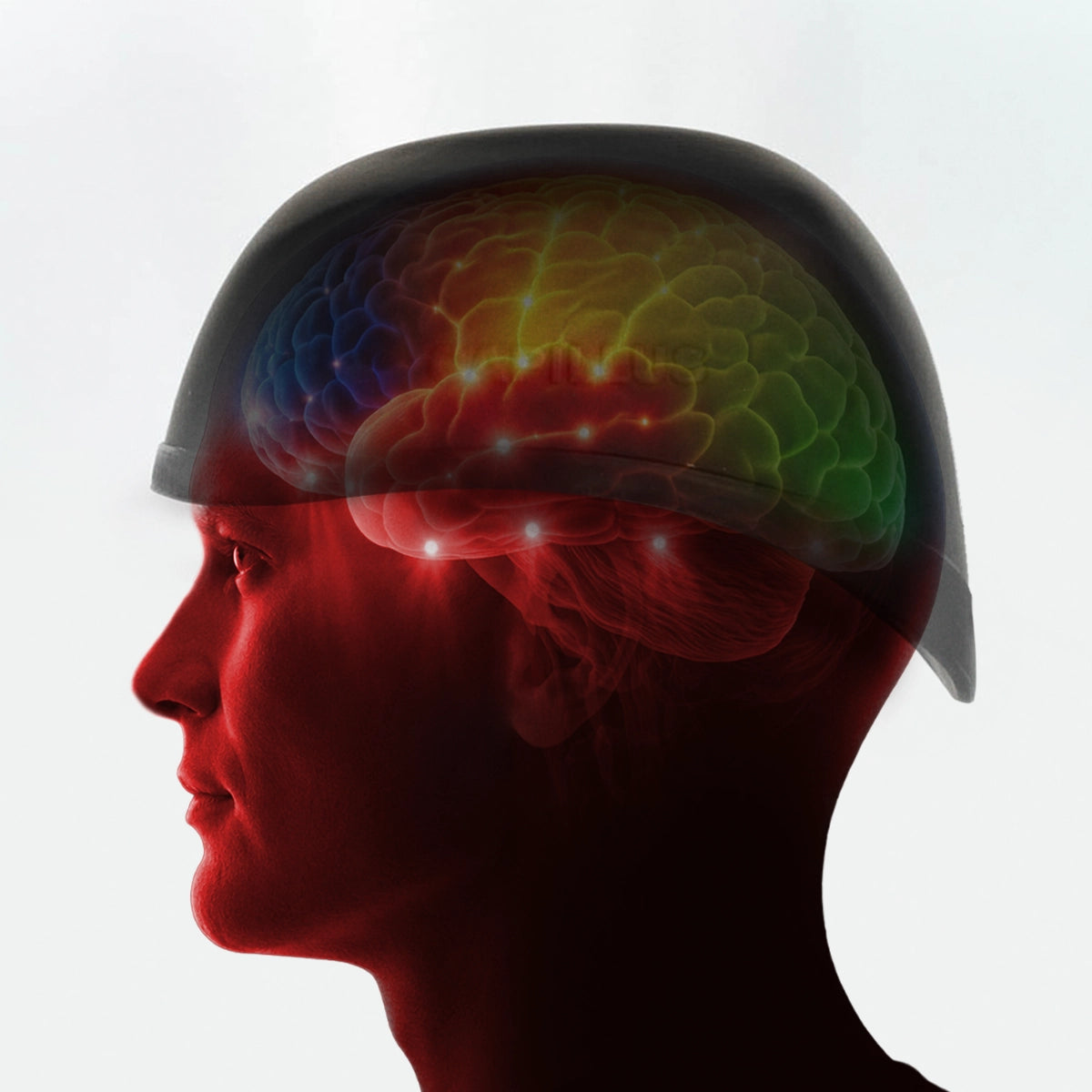 A side profile of a person wearing a helmet, with an illustration of a colorful brain visible inside the head, highlighting brain activity.