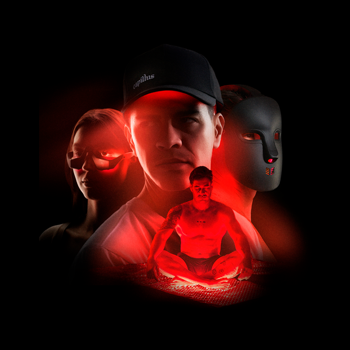 A collage of four figures: a woman in futuristic red glasses, a man in a black cap, a person in a dark mask, and a man sitting cross-legged, glowing red, all set against a black background.